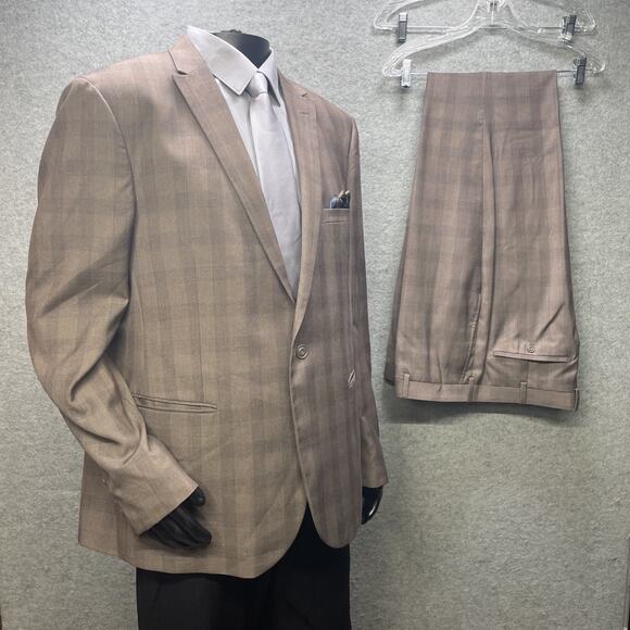 West End Other - West End Mens 3pc Suit Tan Plaid Check 48L IT Fits US 44L/46L 40W Tapered Pants
